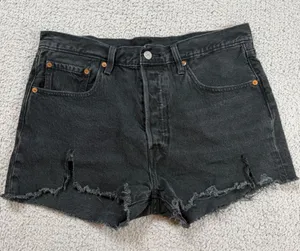 Levis 501 Denim Jean Shorts 31 Original High Rise Cut Off Black Distressed Y2K thumbnail 1