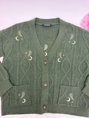 Disturbia Dianne Embroidered Cable Knit Cardigan Moon Star Fern Olive Green Knit thumbnail 6