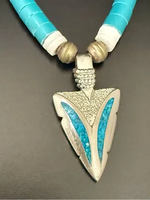 Vintage Southwestern Silver-tone Turquoise Heishi Beads Pendant Necklace thumbnail 5