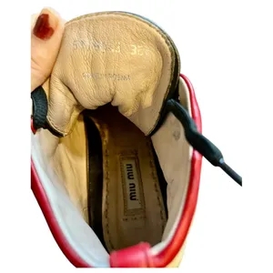 Miu Miu Prada Red White & Black Pointed Toe High Top Nappa Biker Sneakers thumbnail 8