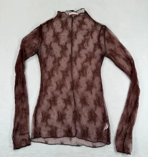Sweet Generis‎ Womens Brown Sheer Floral Lace Mock Neck Long Sleeve Top Large thumbnail 1