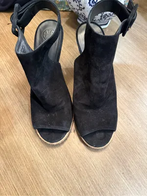 Tory Burch Black Suede Peep-Toe Ankle Wood Strap Wedges Sz 9 thumbnail 10