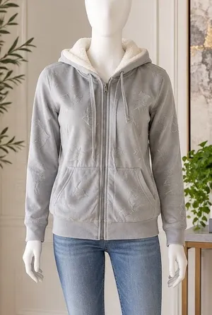 Bobeau Grey Star Embroidered Sherpa Lined Zip Up Hoodie NWT Medium thumbnail 1