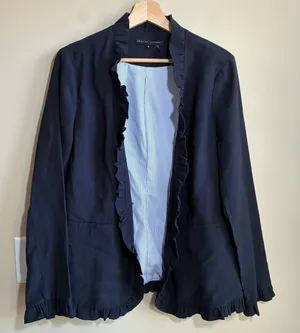 English Factory Ruffle Trim Open Front Blazer Medium Navy Womens Rayon Blend thumbnail 1