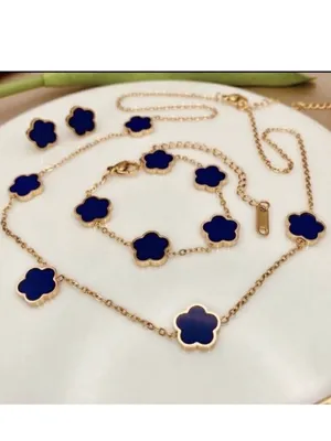 18K Gold Plated Blue Clover Necklace stainless steel Womens jewelry thumbnail 7