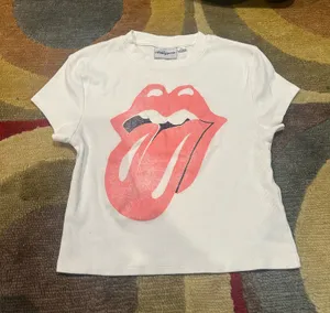 The Rolling Stones Band Tee Shirt White Ribbed Cropped Intentionally Faded Small thumbnail 1