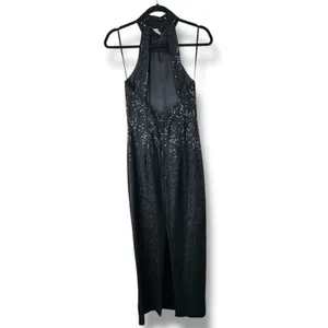Vintage Roberta Midnight Black VTG Sequin Halter Open Back Sleeveless Maxi Gown thumbnail 4