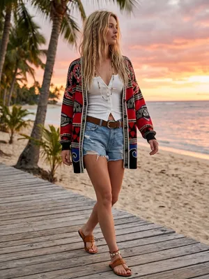 Farm Rio Art to Wear Fair Isle Knit Cardigan Sweater Hearts Fish Waves Large thumbnail 2