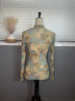 Sweet Lilac XS Cherub Angel Print Sheer Mesh Mock Neck Long Sleeve Top thumbnail 6