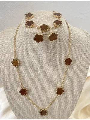 18K Gold Plated Brown Flower Necklace SET Stainless steel Womens Jewelry thumbnail 1