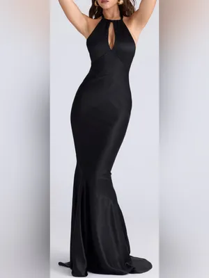 NEW House of CB Oliviana Halter cutout Black Satin Maxi gown sz XS thumbnail 2