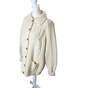 Bonner of Ireland Handloomed 100% Wool Aran Cable Knit Cardigan Cream XL thumbnail 3
