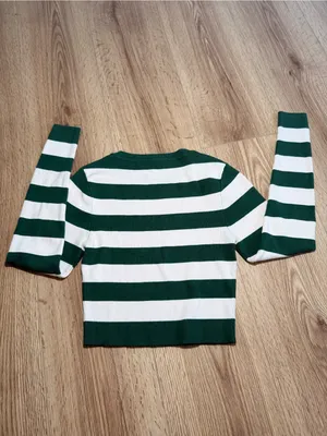 Zara‎ Dark Green & White Striped Long-Sleeve Cropped Tee size S thumbnail 3