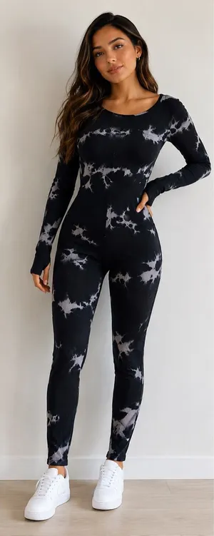 Women's Black Tie-Dye Long-Sleeve Jumpsuit thumbnail 1