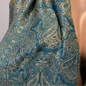 Pashmina Silk blend fringe Elegant Blue and Gold Paisley Scarf wrap shawl 70’ thumbnail 4