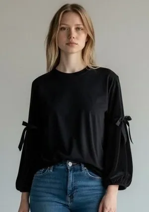 Karl Lagerfeld Paris Black Velvet Bow Sleeve Top XL L8WH9846‎ thumbnail 1