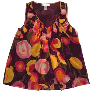 August Silk Mesh Top Size L Abstract Floral Red Purple Y2K Buttons Tank Babydoll Flowy Cool thumbnail 1