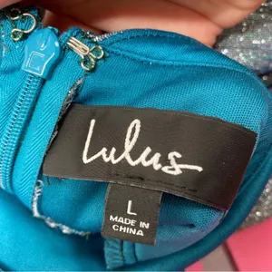 Lulu's Teal Blue Stop The Show Glitter Mini Party Dress V-Neck Womens Large thumbnail 6