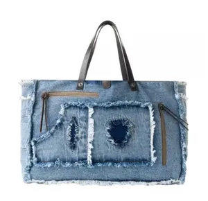NWT Boho Patchwork Frayed Denim Western Shoulder Tote Bag Blue thumbnail 1