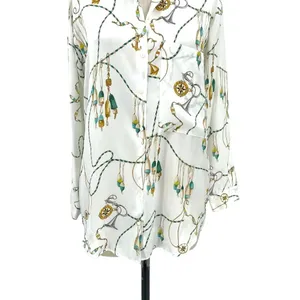 Zara Button Down Nautical Chain Printed Long Sleeve‎ Blouse White Size Small thumbnail 7