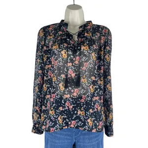 Xhilaration Floral Lace Up Sheer Top Blouse Black Size XS thumbnail 3