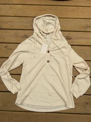 Women’s Small Cream Waffle Knit Hooded Henley Tunic Pullover Top NWT thumbnail 2