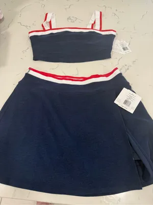 Beyond Yoga Navy Skater Skirt with Red and White Stripe Waistband thumbnail 2