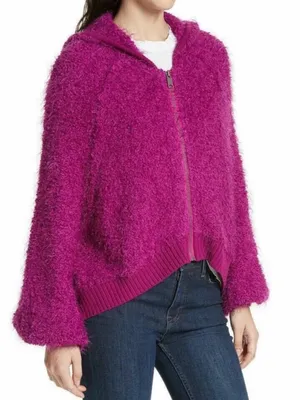 Free People Furry Time Fuchsia Hooded Zip Jacket Fuzzy Boucle Size M thumbnail 12
