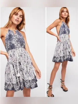 Free People Blue Open Back Halter Mini Dress XS Boho Festival Beachy thumbnail 3