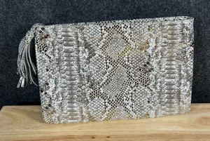Channing Snakeskin Embossed Tassel Clutch Bag Metallic Gold Cream 12x8 thumbnail 1