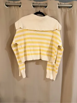 Sincerely Jules Yellow & White Striped V-Neck Hooded Cropped Sweater thumbnail 2