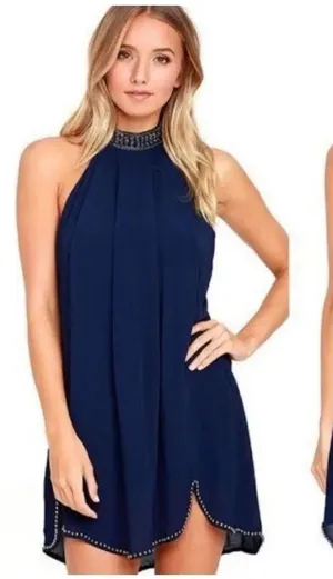 NBD navy Lourdes beaded open back halter mini dress thumbnail 1