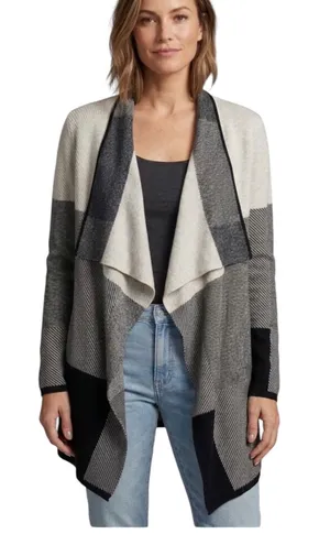 Retro Chaus Plaid Colorblock Cardigan Sweater Open Front Waterfall M Gray Black thumbnail 1