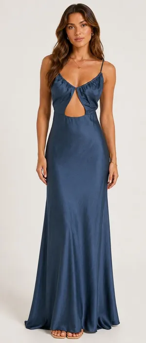 Showpo Lisah Maxi Dress 10‎ Navy Satin Cutout Sleeveless Formal Evening Wedding thumbnail 1
