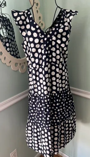 LOFT Midi Shift‎ Dress Blue White Circle Print Cap Short Sleeve Pullover XXS NWT thumbnail 1