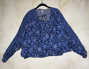 Free People Boho Floral Peasant Crop Top Women's M Blue Balloon Sleeve Blouse thumbnail 1
