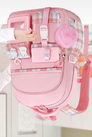 Girls Pink Plaid Multi-Pocket School Backpack with Pom-Pom Charm thumbnail 1