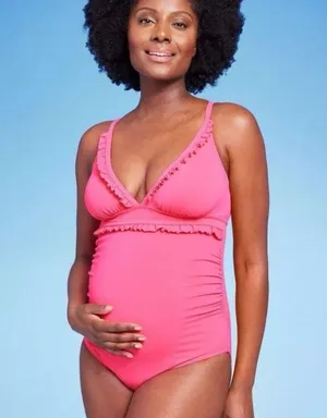 Isabel Maternity One Piece Swimsuit LARGE Pink Ruffle Plunge Padded Ruched Beach thumbnail 9