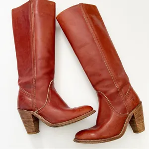 Frye Vintage Redwood Mahogany Red Leather Tall Heeled Boot Size 5.5 thumbnail 1