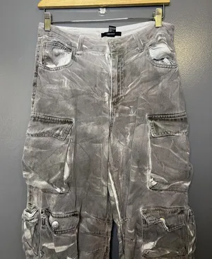 Forever 21 Custom Bleach Dye Womens Medium Gray Cargo Wide Leg Denim Streetwear thumbnail 1
