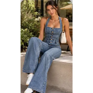 Alice + Olivia Pennie halter denim bootcut jumpsuit 29 thumbnail 3