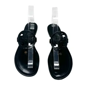 Tory Burch Miller Black Matte Leather Logo Medallion Flat Sandals Size 8 thumbnail 2