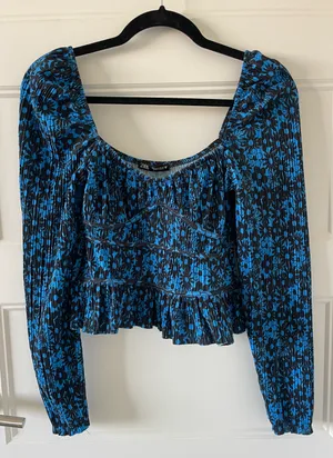 Cute Long Sleeve Top Blouse Blue Flowers thumbnail 1