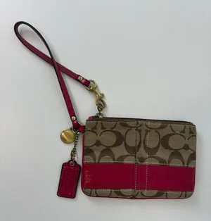 Coach Signature Stripe Wristlet Khaki Jacquard with Raspberry Pink Leather Trim thumbnail 1