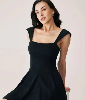 RIHOAS Black Square Neck Pleated Mini Dress 49 Size M thumbnail 3