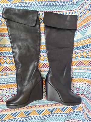Lauren Ralph Lauren Wilda Black Leather Wedge Knee High Foldover Boots Size 6.5 thumbnail 1