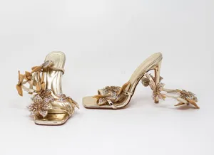 Azalea Wang Romi Stiletto Crystal Rhinestone Floral High Heel Sandal Shoe Gold 6 thumbnail 1