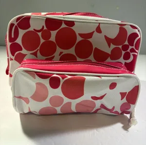 Pink and White Patterned Cosmetic Pouch Set thumbnail 1