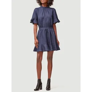Frame Navy Linen Scallop Mock Neck Flounce Ruffle A-Line Flare Mini Dress XS thumbnail 2