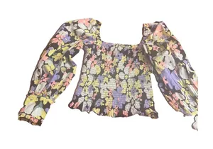 Free People Ariana Blouse Women's Multicolor Floral Smocked Balloon Sleeve Sz XS thumbnail 1